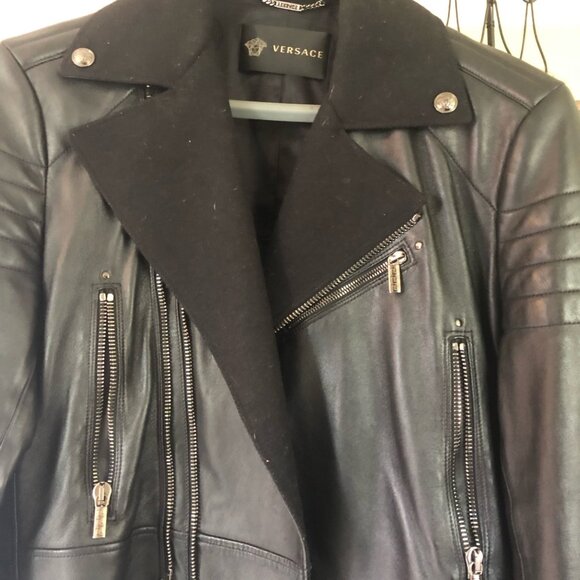 Mens Versace Jacket Size 46. Black leather/wool biker style jacket - Picture 3 of 3